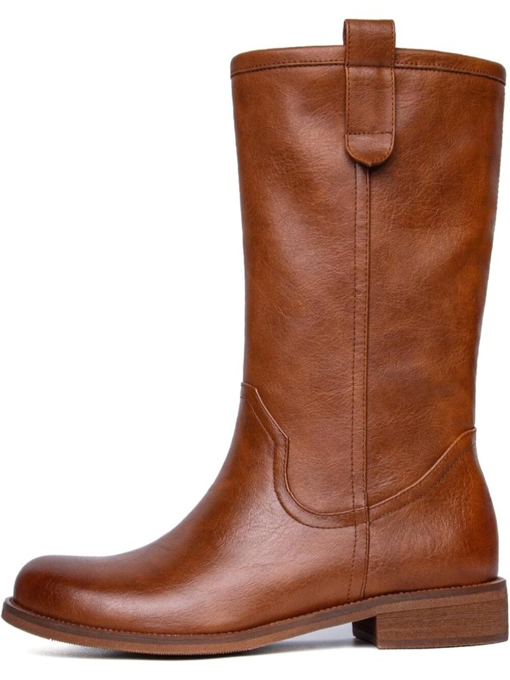Women's Brown Chunky Block Low Heel Round Toe Campus Comfortable Mid Calf Boots